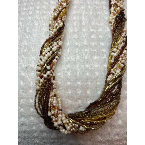 Vintage Honey Beaded Necklace Multi Strand Glass Braided Brown Cream Gold - Picture 4 of 7